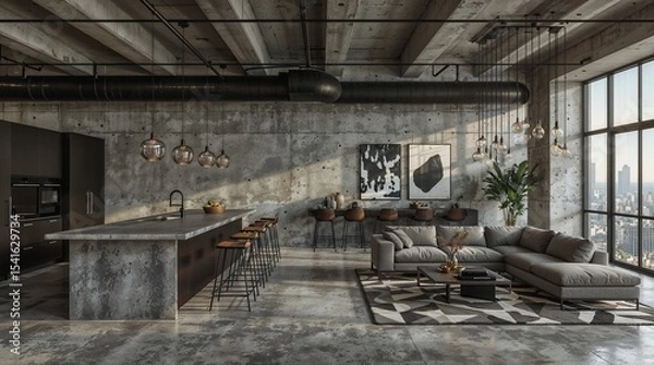 Fototapeta Ultra-Modern Concrete Loft with Open Kitchen and Minimalist Design