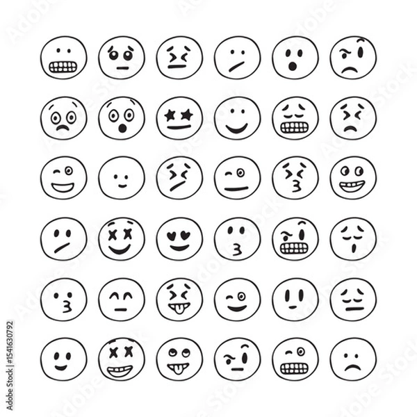 Fototapeta Cute face drawing doodle character retro. Black and white animated face. Facial expression, character. Face sticker. Doodle. Hand drawn. Vector illustration.