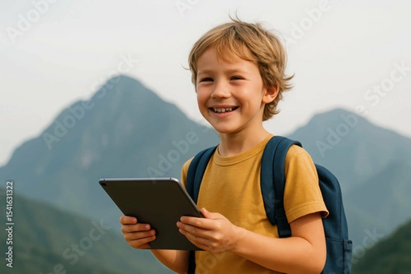 Obraz remote learning, mobile education. Boy with tablet in scenic mountain landscape