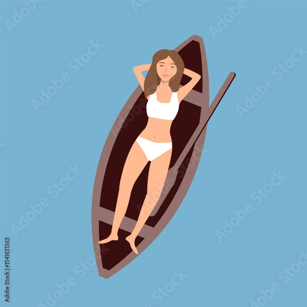 Fototapeta Top view of lying woman floating on the kayak at the deep blue lake. Aerial view of woman kayaking on the water. Resting and relaxing concept vector illustration.