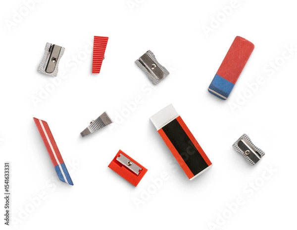 Obraz A top down view of a collection of traditional office, business and back to school stationery, equipment for work and education isolated against a transparent background.