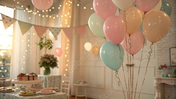 Fototapeta birthday party pastel colors background balloons soft tones concept Festive room decorated with balloons, bunting, and table set for a celebration.