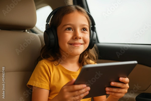 Obraz Young girl enjoying music with tablet on a road trip adventure. child learning on tablet during travel