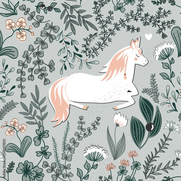 Fototapeta Seamless vector pattern with unicorns and magic plants. Vintage fairy background. Vector illustration.