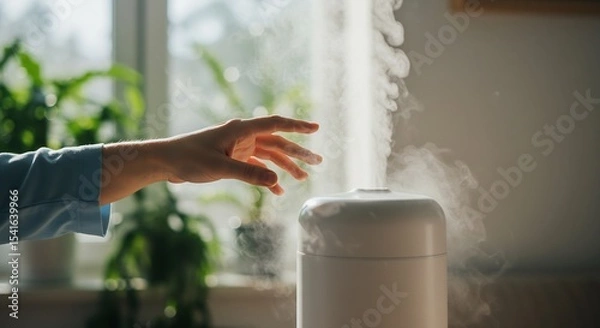 Fototapeta Woman's hand reaching for the steam from a modern, white humidifier in a sunlit room with plants