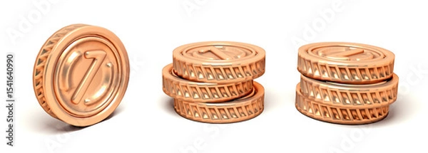 Fototapeta 3D set realistic golden coins. 3d render of Copper Coin Stacks with Embossed Number 1. coin 3d icon