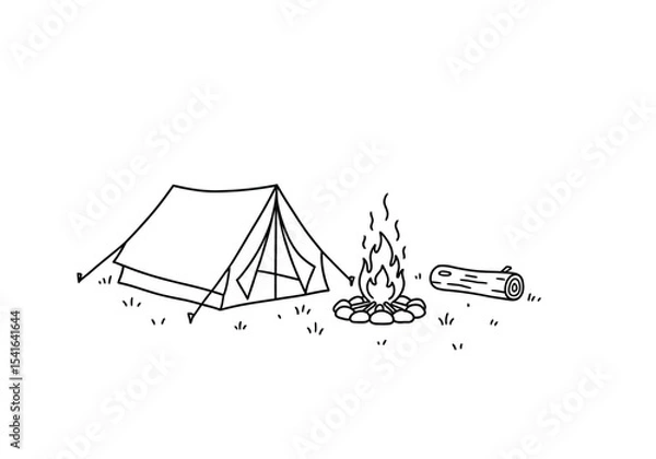 Fototapeta Camping scene drawing. It is a black and white outline image of a tent, campfire, and log, depicting a simple and inviting outdoor wilderness scene. Vector sketch line art draw.