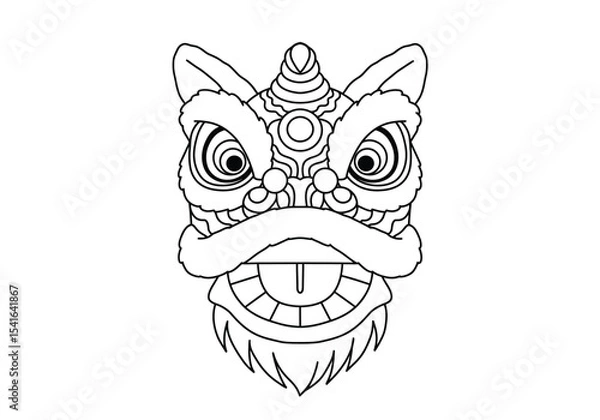 Fototapeta Lion dance head drawing. It is a black and white outline image of a traditional Chinese lion dance head, a vibrant cultural symbol of celebration and good fortune. Vector sketch line art draw.