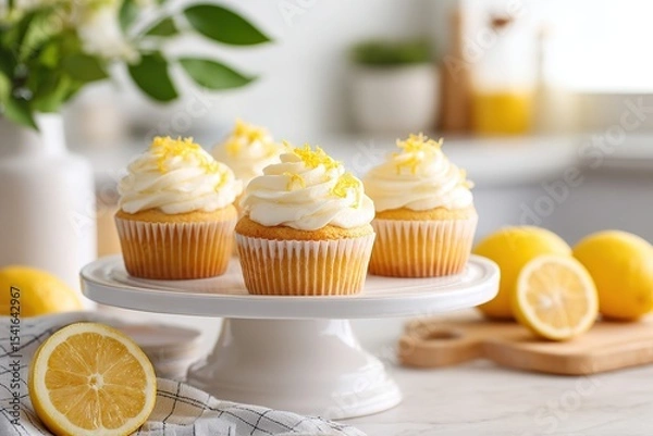 Fototapeta Delightful lemon cupcakes topped with coconut frosting and fresh lemon zest on display