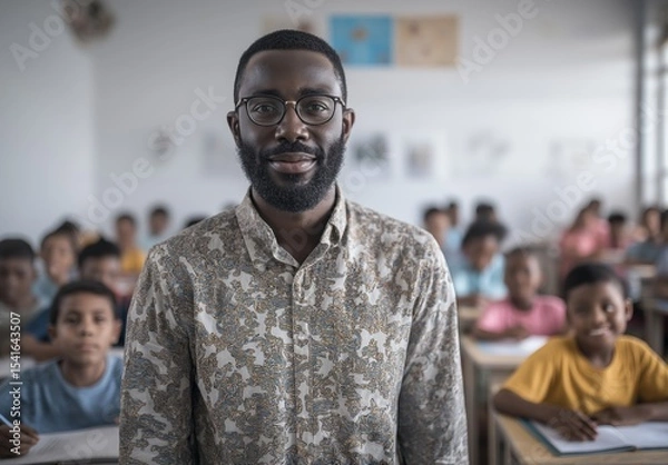 Fototapeta Confident male teacher stands at the blackboard, leading a classroom lesson with students, smiling and engaged, modern education, professional style.