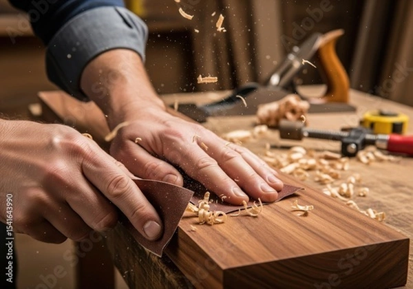Fototapeta Woodworking and Carpentry with Hands Sanding a Piece of Wood a Concept for a DIY Project or a Craft Hobby