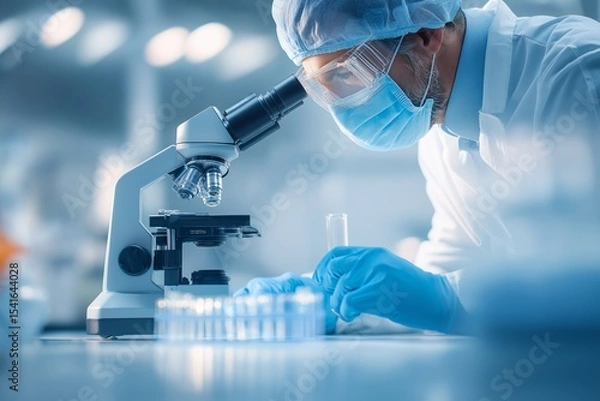 Fototapeta Male scientist in protective gear and mask works in a laboratory, examining test tubes under a microscope. Research, focus, modern lab setting.