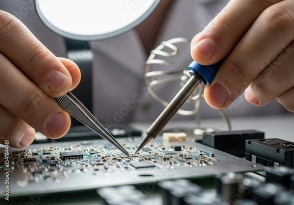 Fototapeta Assembling an Electronic Circuit Board with Precision Tools a Concept for Technology Repair and Engineering
