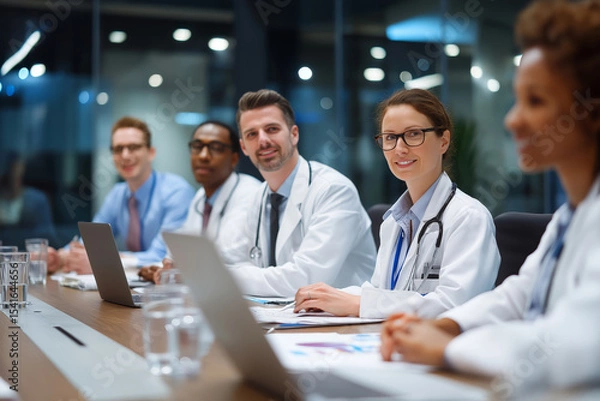 Fototapeta A diverse team of doctors at a meeting table in a hospital conference room.