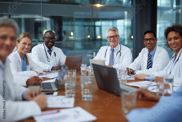 Fototapeta Doctors and healthcare professionals gathered at a conference table with laptops.