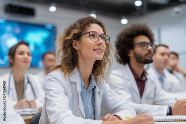 Fototapeta A female medical intern in a white coat and glasses listens during a seminar.