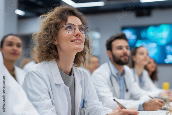 Fototapeta A female medical intern in a white coat and glasses listens during a seminar.