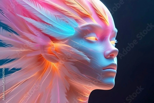 Obraz Futuristic Dream Portrait with Colorful Energy Feathers and Abstract Beauty Generative AI