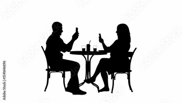 Fototapeta Silhouette of a couple at a table using their phones with drinks in front of them at a cafe or restaurant created with generated ai