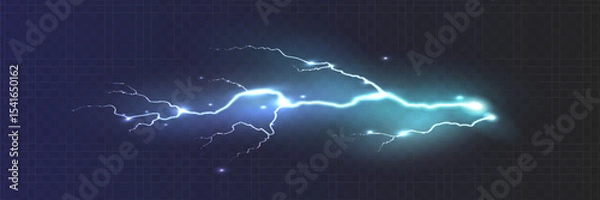 Fototapeta Set of the isolated realistic lightnings with transparency for design. Thunder-storm and lightnings. Magic and bright lighting effects. Natural effects