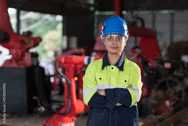 Obraz Robotic arm, Automatic robotic arm welding. Robotic manufacturing industry. Female engineer wearing safety uniform while standing with crossed arms at robotic arm repair factory
