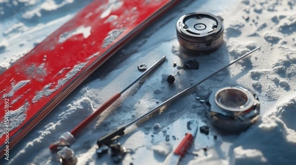 Fototapeta 3d render Red Ski Disassembly: Precision Engineering in Snowy Landscape AI generative