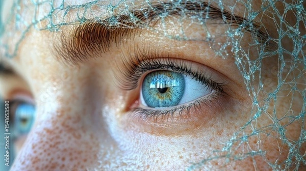 Fototapeta 3d render Close-up of a Woman's Eye with Intricate Blue Netting; High-Resolution Visual AI generative