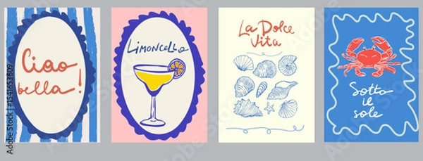 Fototapeta Set of hand drawn vintage posters in dolce vita style. Contemporary art vector illustrations. Vintage vector print. Print for t-shirt. Trendy minimalist posters. Coctail party. Printable.	
