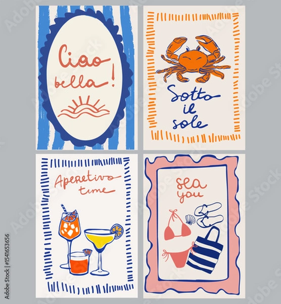 Fototapeta Set of hand drawn vintage posters in dolce vita style. Contemporary art vector illustrations. Vintage vector print. Print for t-shirt. Trendy minimalist posters. Coctail party. Printable.	
