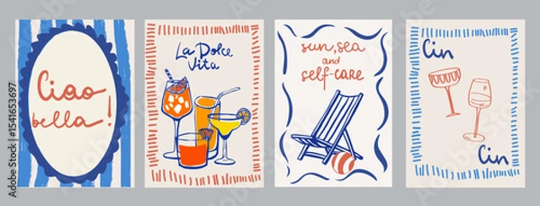 Fototapeta Set of hand drawn vintage posters in dolce vita style. Contemporary art vector illustrations. Vintage vector print. Print for t-shirt. Trendy minimalist posters. Coctail party. Printable.	
