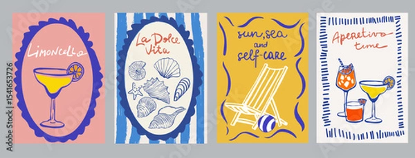 Fototapeta Set of hand drawn vintage posters in dolce vita style. Contemporary art vector illustrations. Vintage vector print. Print for t-shirt. Trendy minimalist posters. Coctail party. Printable.	
