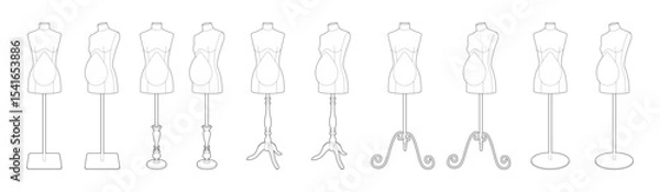 Fototapeta Vector illustration of five different dressmaker mannequins on various stands. Line art style. Isolated on white background. Horizontal orientation. Ideal for fashion or tailoring design.