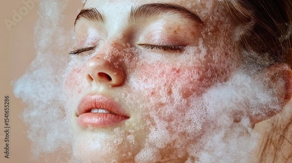 Fototapeta 3d render Close-up of Woman's Face, Cleansing Foam, Skincare Routine, Facial Treatment, Beauty Product AI generative
