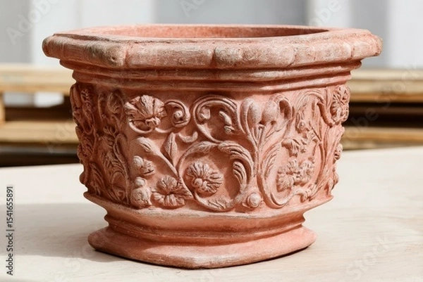 Obraz Terracotta plant pot with floral carvings. Ornate garden container features elegant patterns, perfect for home or patio decor. Ideal for rustic or nature visuals.