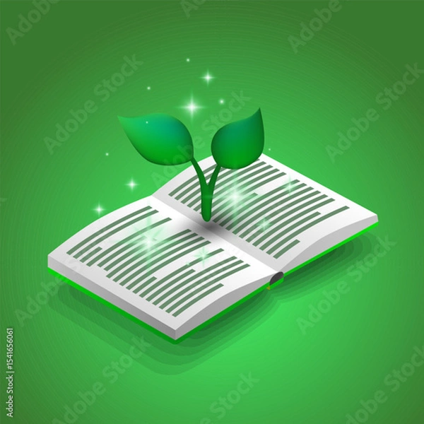 Obraz Isometric open book with green sprout and sparkles