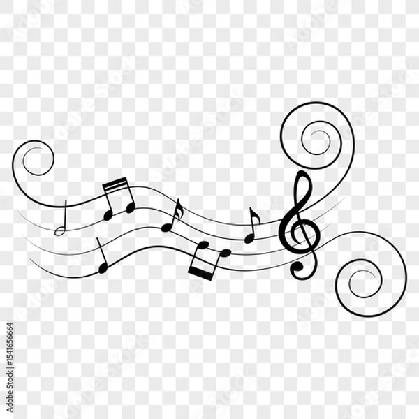 Fototapeta Music notes on wavy lines with swirl, vector illustration.