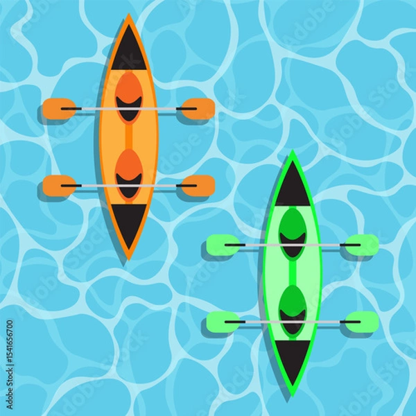 Fototapeta Two kayaks on water, top view, vector illustration.
