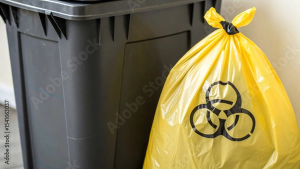 Fototapeta Yellow biohazard waste bag tied and placed next to a black trash bin, indicating medical or hazardous waste disposal.