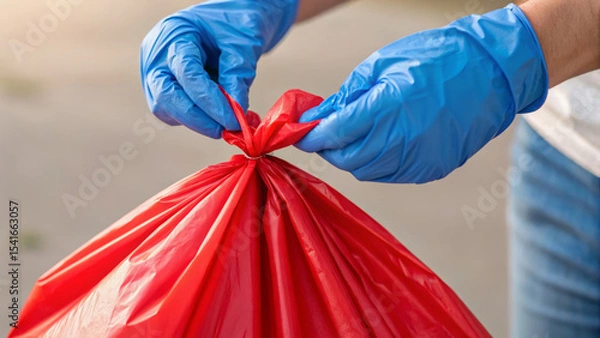 Fototapeta A person wearing blue gloves ties a red plastic bag, indicating careful handling of waste or materials.