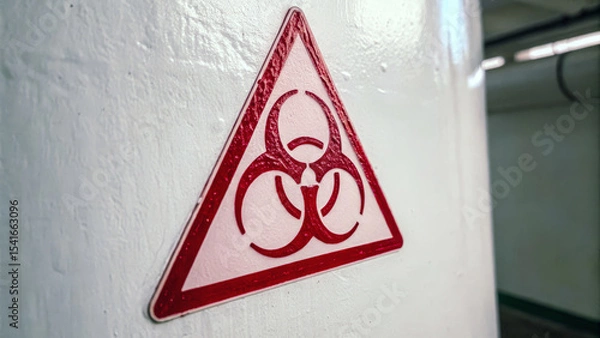 Fototapeta A red biohazard warning symbol displayed on a white cylindrical surface in an industrial or laboratory setting.