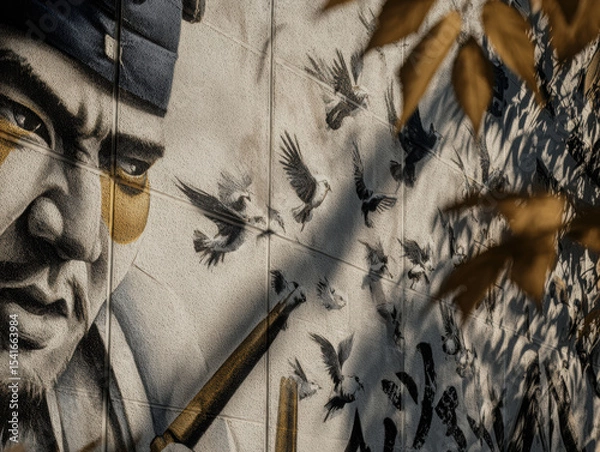 Fototapeta Mural depicting masked strategist engaged game of Go, surrounded by flying birds, showcases intricate artistry and cultural depth. vibrant colors and detailed expressions evoke sense of strategy