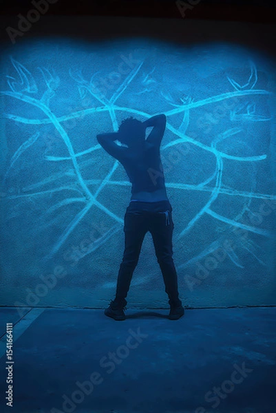 Fototapeta Shadowy figure stands against blue wall, arms raised, creating striking silhouette. background features abstract lines, enhancing mysterious atmosphere of scene