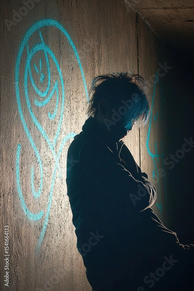 Fototapeta Shadowy figure leans against wall, illuminated by blue light, with graffiti art in background. scene conveys sense of mystery and urban culture, highlighting creativity and self expression