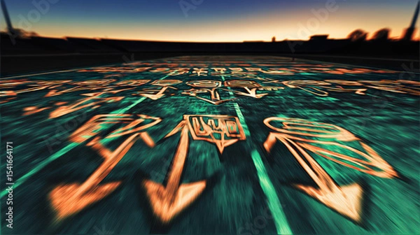Fototapeta Vibrant graffiti art featuring tactical diagram with arrows and symbols, set against sunset backdrop. dynamic colors and abstract design evoke sense of creativity and urban culture