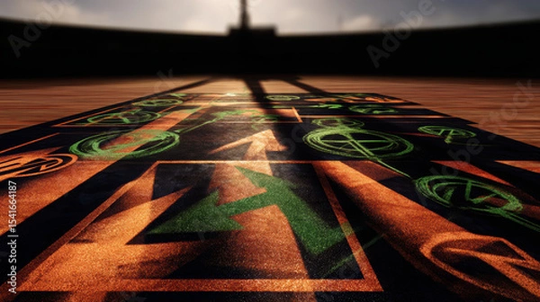 Fototapeta Vibrant tactical diagram featuring various symbols and patterns textured surface, illuminated by dramatic shadows. artwork combines elements of graffiti and design, creating engaging visual