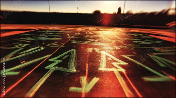 Fototapeta Vibrant graffiti art on sports field, featuring abstract symbols and arrows, illuminated by warm sunlight. dynamic colors and patterns create energetic atmosphere