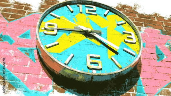 Fototapeta Vibrant clock mounted brick wall, featuring bold colors of blue, yellow, and pink. clock displays time with large, clear numbers, surrounded by artistic graffiti elements, creating lively urban