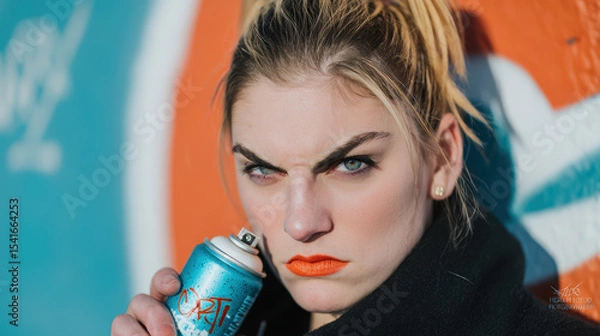 Fototapeta Close up portrait of graffiti artist with striking orange lips, holding spray can, showcasing intense expression and vibrant colors against colorful background