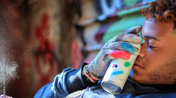 Fototapeta Close up portrait of graffiti artist holding spray can, showcasing vibrant colors on gloves. artist appears focused and immersed in their creative process, surrounded by urban art
