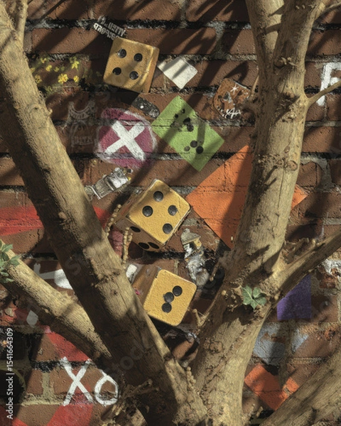 Fototapeta Vibrant urban scene featuring tree with branches intertwined with colorful graffiti on brick wall. artwork includes dice and various shapes, creating lively and artistic atmosphere